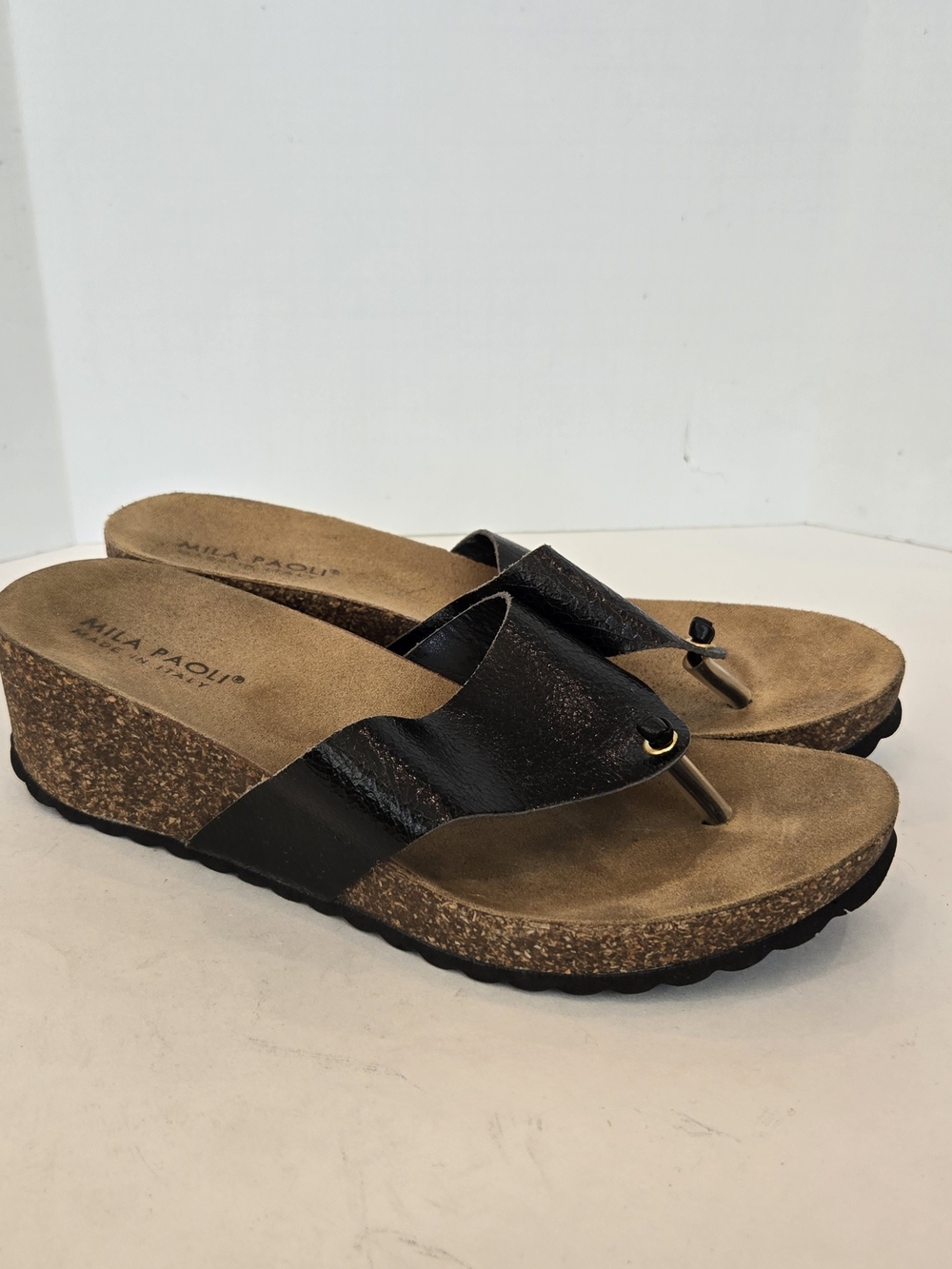 Mila Paoli Black Cork Wedge Thong Sandals with Gold Accent